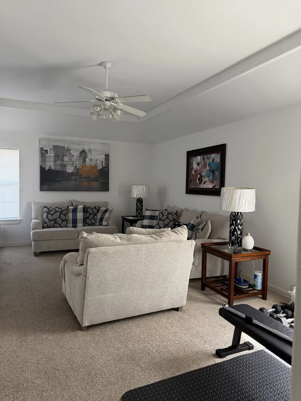 Living room with sofas and freshly tidied seating