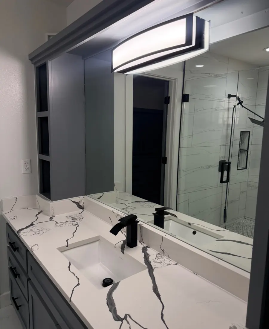 Clean bathroom vanity and mirror